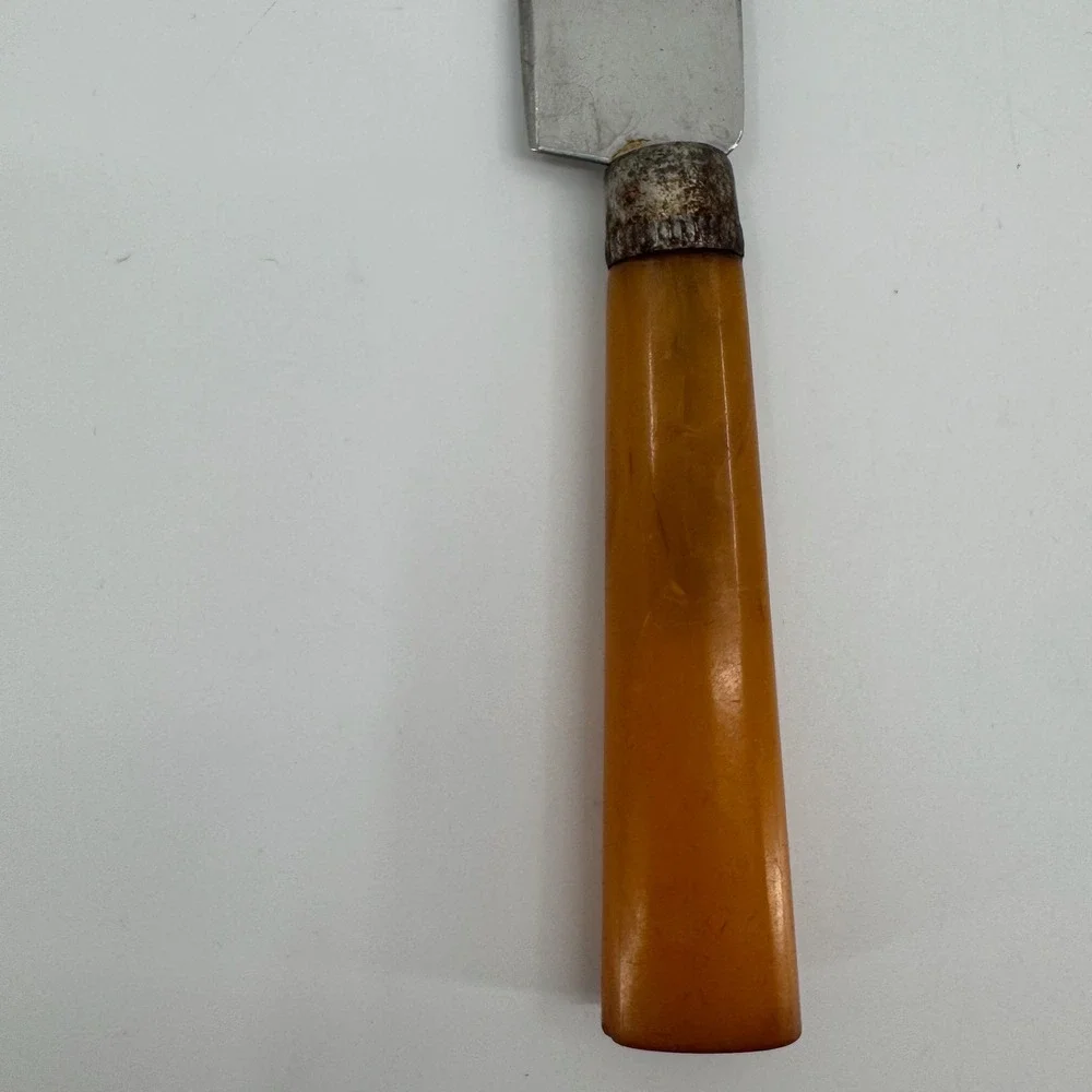 Vtg Stainless Steel Slicing Knife Amber Handle Carving Ham Roast Kitchen Utensil